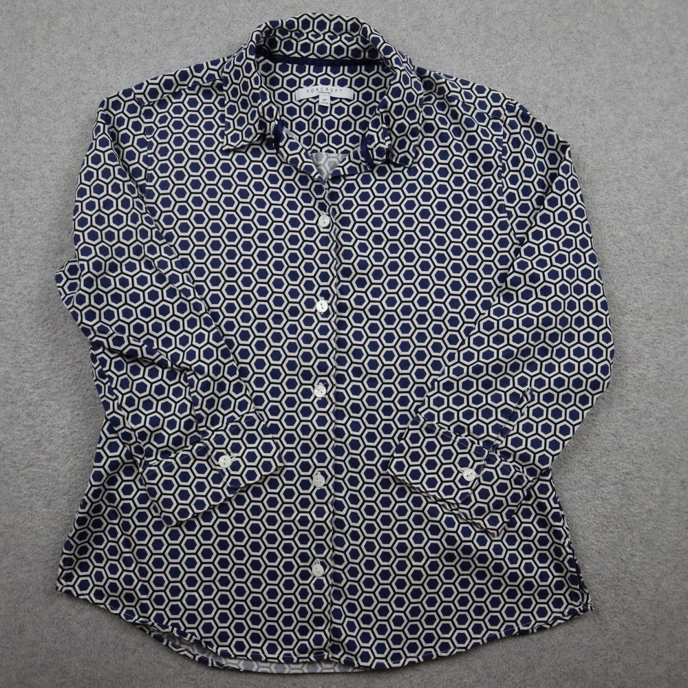Foxcroft Button Down Shirt Womens 4P Shaped Navy Blue Geometric Honeycomb Cotton